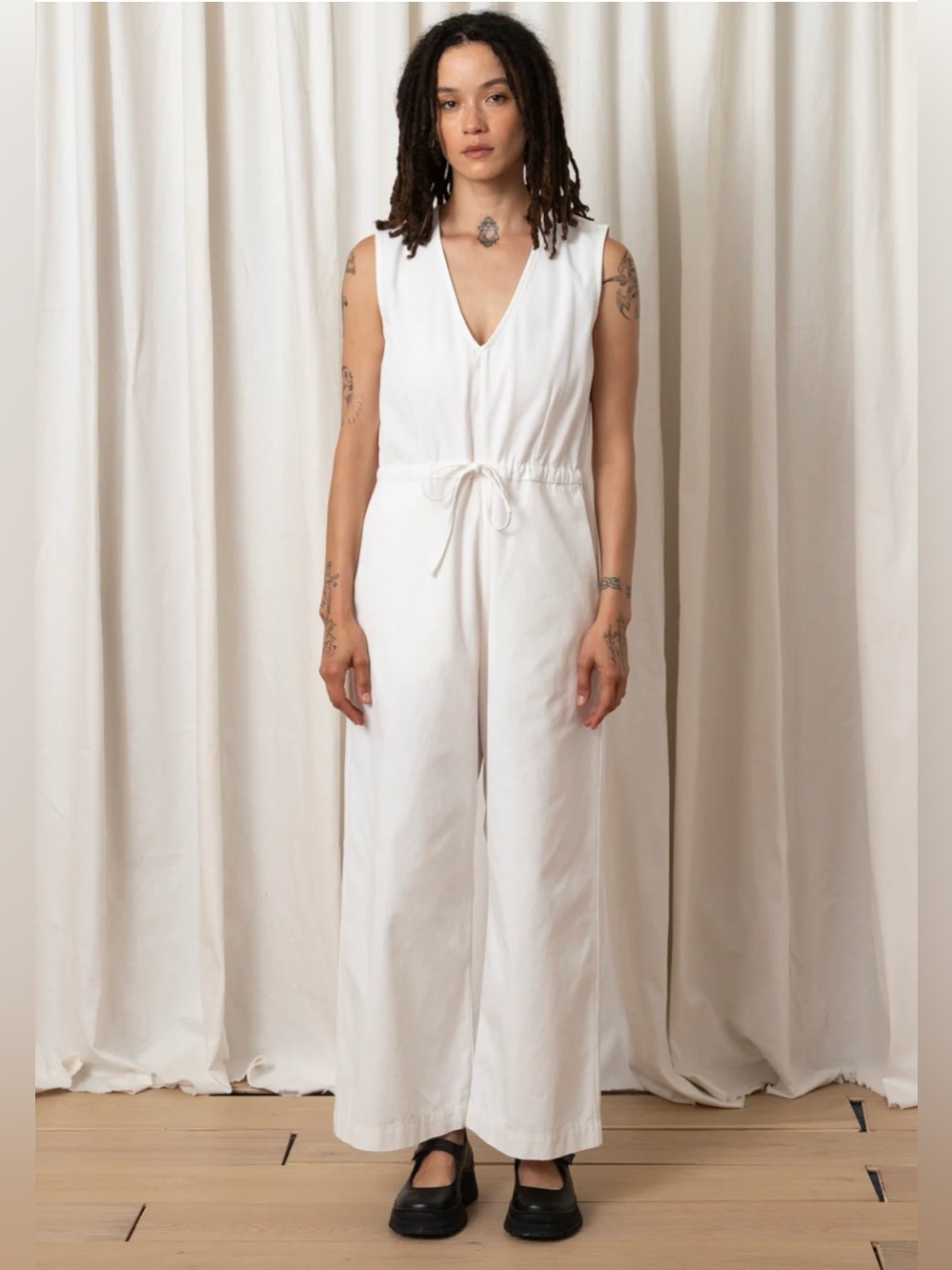 Ali Golden Slit-Back Jumper White Pima Cotton Wide Leg Jumpsuit M